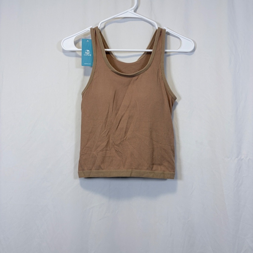 CUPSHE Tank Top Ribbed Scoop Neck Brown Sleeveless Contrast Trim‎ Size S